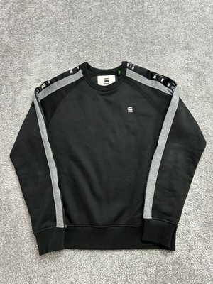 G Star Raw Sport Heather Striped Sweater Mens Large Black Fleece Lined Crew Neck
