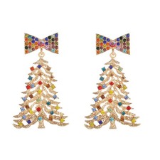 Christmas Tree Earrings Colorful Gold Rhinestone Crystal Christmas Dangle Drop E