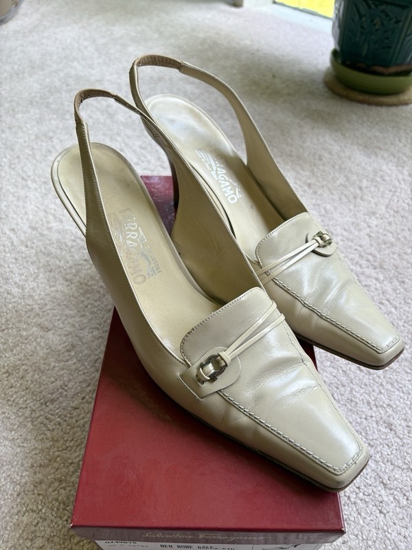 Salvatore Ferragamo Beige Leather Slingback Heels Square Toe Buckle US 10 B