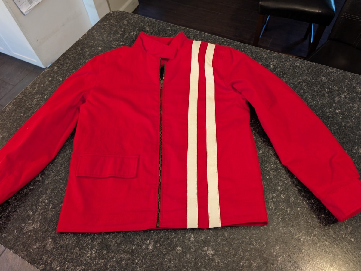 The Jacket Seller Men's Red Leather Racing Stripe Full Zip Jacket,  Size S