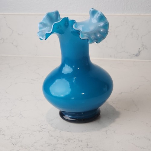 Vintage blaue Rüschen Glas Vase 8" mundgeblasen Kunstglas türkis himmelblau Fenton Stil - Bild 4 von 8