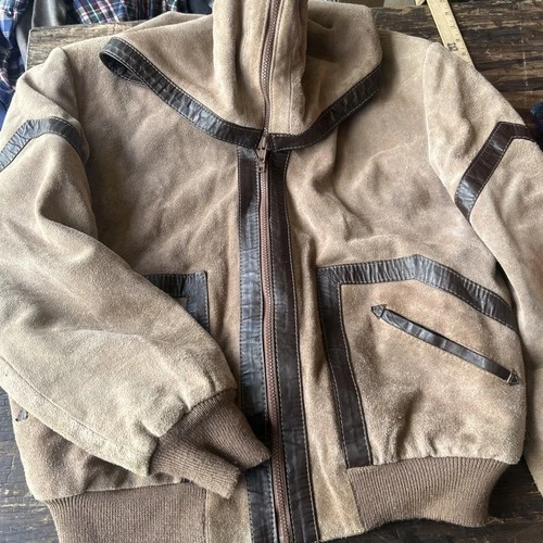 Hi Gear Mens Suede Coat Leather Coat Two Tone Brown Bomber Jacket XL Heavy VTG