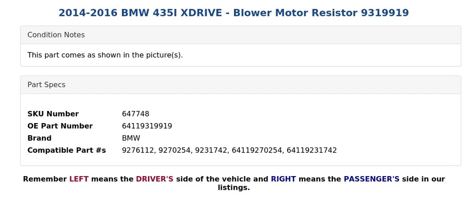 BMW 435I XDRIVE 2014-2016 - Resistencia del motor del soplador 9319919 Foto 3 de 3