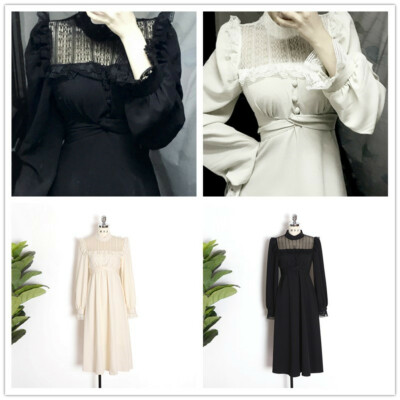 Women's midi dress long puff sleeves ruffle lace gothic lolita retro black New