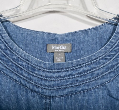 Martha Stewart Blue Denim Cotton 3/4 Sleeve Pullover Tunic Top Shirt Pocket Sz S - Picture 2 of 3
