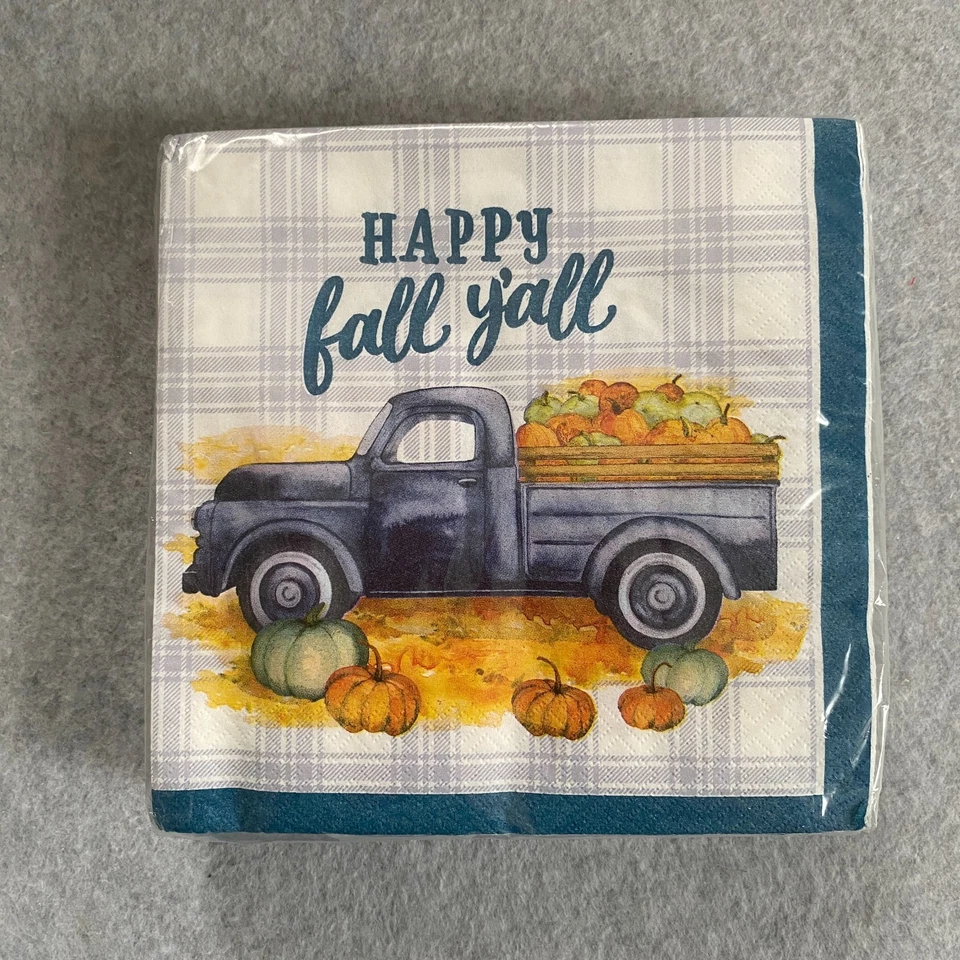 Servilletas de almuerzo de otoño 32 unidades Happy Fall Y'all azul a cuadros camión calabazas NUEVO Foto 4 de 4