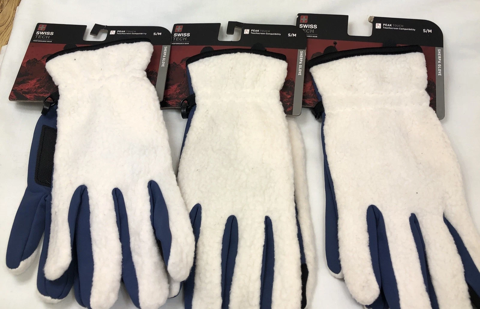 3 Prs. New Swiss Tech Sherpa Gloves Men's Size S/M Delicate Ivory/Blue Indigo-B9