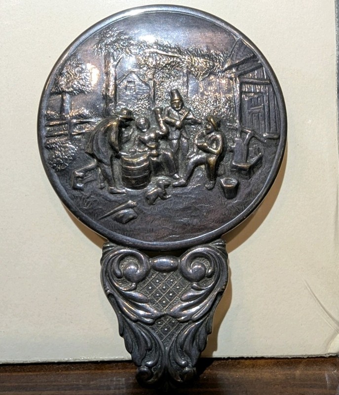 Vintage Hans Jensen Silver Plated Hand Mirror Embossed Tavern Scene Denmark