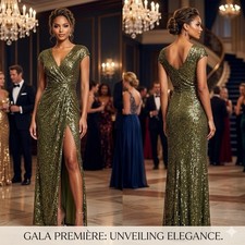 MAC DUGGAL 5623 Olive/Gold Sequined Wrap Cap Sleeve Vneck Gown Dress Sz 4 $598