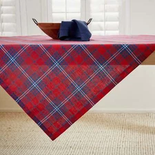 Solino Home 100% Pure Linen Table Throw Kitchen Christmas, Red Tartan Plaid