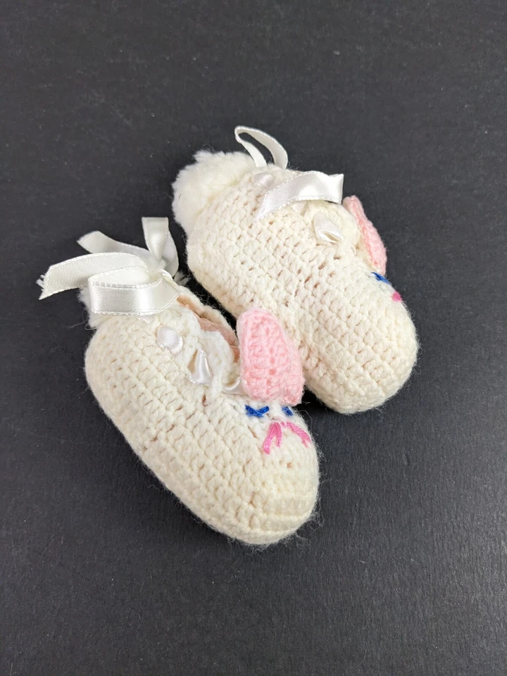 Zapatillas vintage de conejito de ganchillo artesanal bebé bebé bebé decoración de Pascua Foto 4 de 4