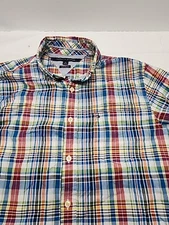 TOMMY HILFIGER mens SHIRT Medium costom fit button front colorful Plaid  LS S4