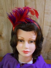 Red Hat Ladies - Red  Purple Feathered Fascinator on a Red Satin Headband