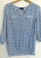 AB Studio Shirt Womens Large Blue WhitePullover Convertible Sleeve Lightweight 