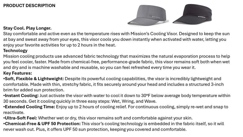 Sombrero visera Mission Cooling, antideslizante, ligero, UF 50, unisex, talla única, ¡24 colores! Foto 4 de 4