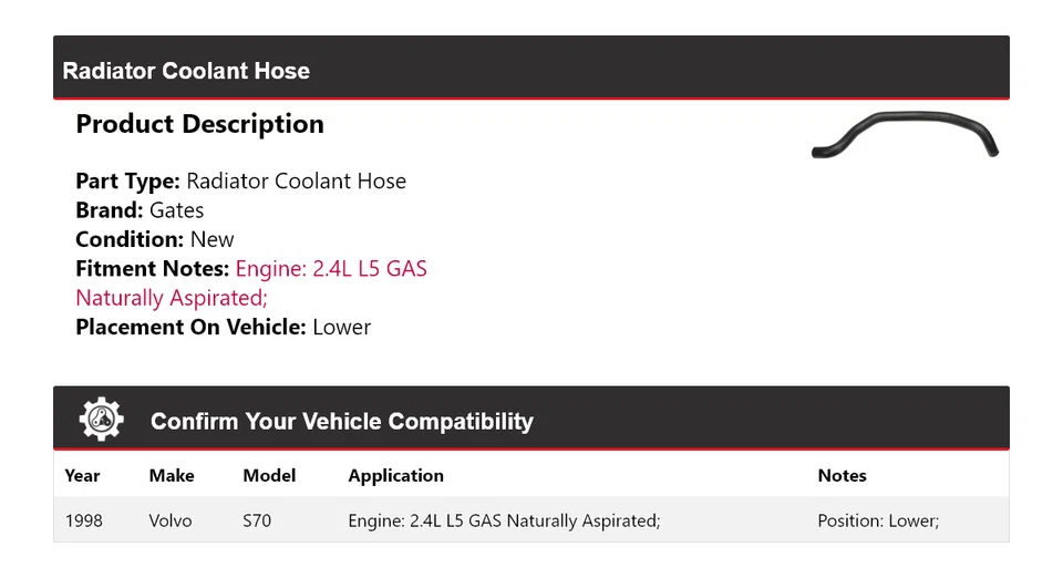 Puertas inferiores de manguera de refrigerante de radiador para Volvo S70 1998 Foto 2 de 4