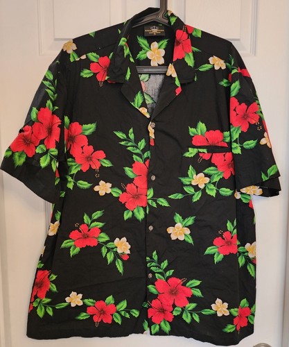 Royal Hawaiian Creations XL Blk Red Orange Hibiscus Flowers hawaiian Aloha Shirt - Picture 2 of 5