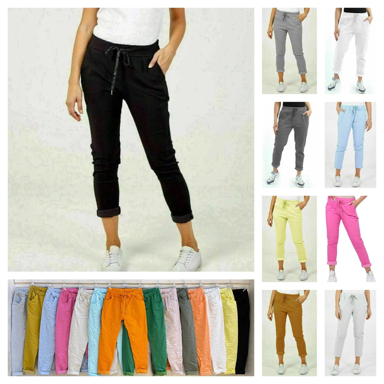 Womens Stretch Plain Magic Comfy Lagenlook Joggers Trousers Ladies Italian Pants