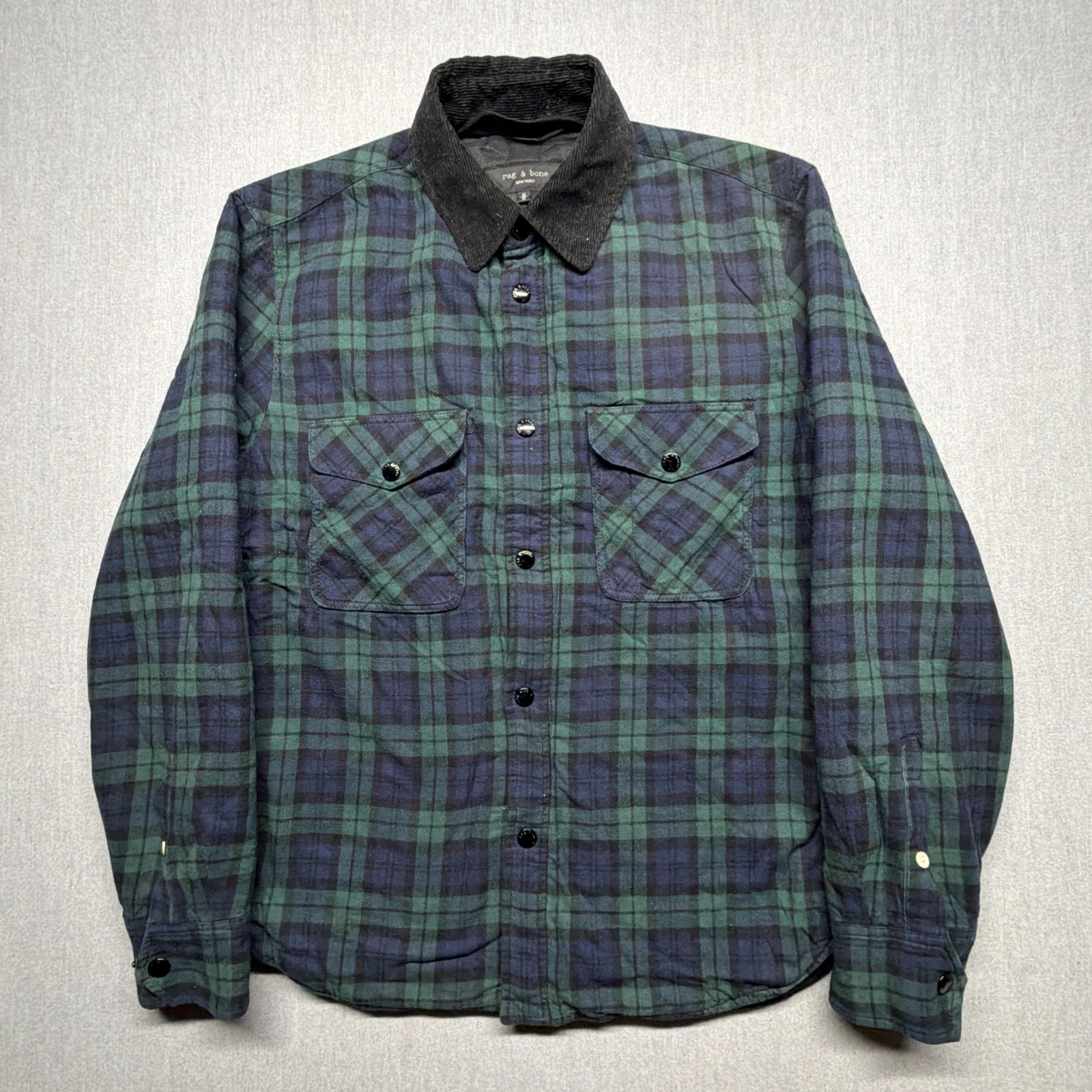 Rag & Bone Shacket Black Watch Plaid Insulated Medium Flannel Corduroy Collar - product detail image 1