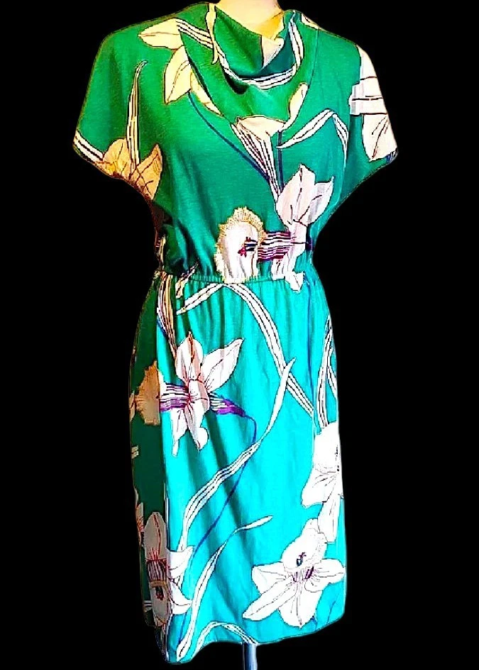 VTG 70s Soft Jersey Semi Fitted Bright Florals Midi Beach, Poolside Dress S - Image 4 of 4