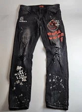 Bleeker & Mercer Slim Skinny Fit Jeans Distressed Graphic Print Men 36x32