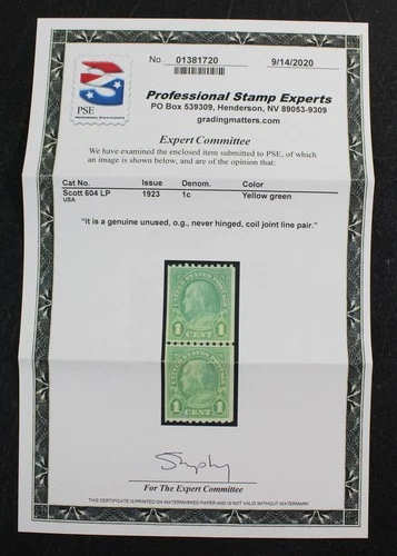 CKStamps: US Stamps Collection Scott#604 1c Line Pair Mint NH OG PSE Cert