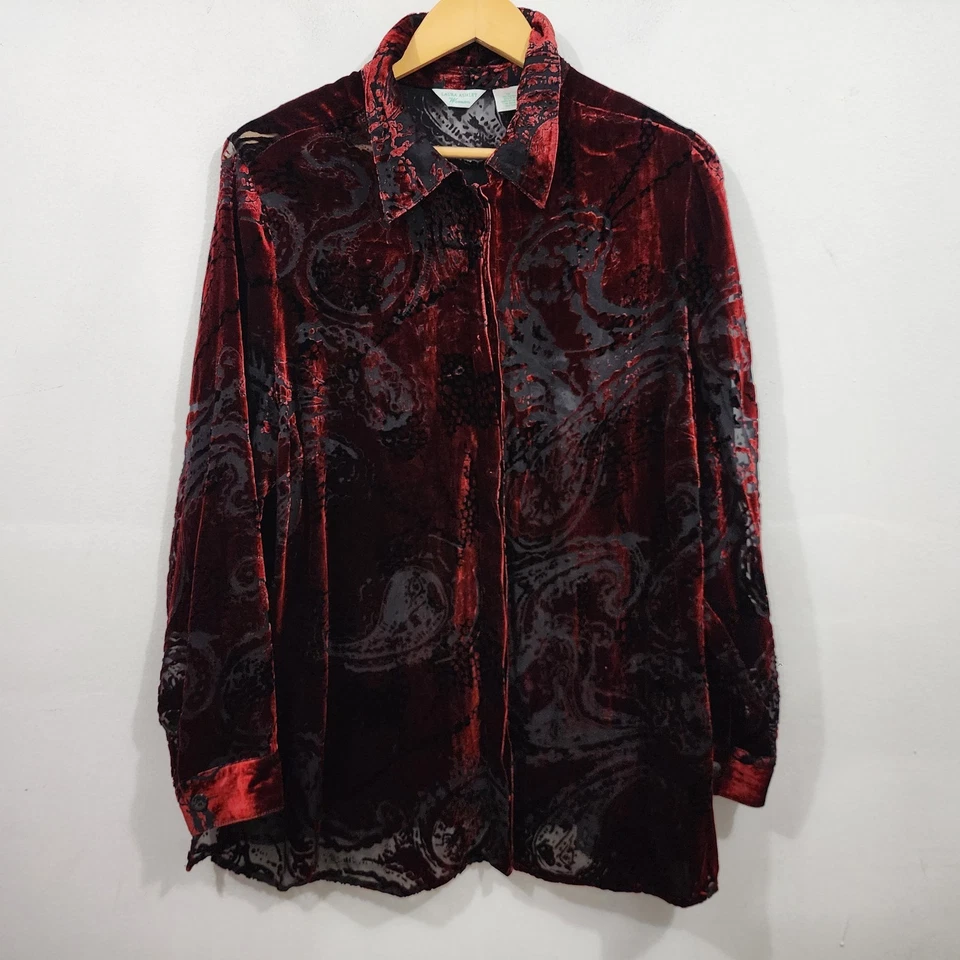 Blusa Top Vintage Laura Ashley Rojo Sangre de Buey Terciopelo Burnout Seda Grunge Gótica 1X Foto 2 de 4