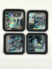 Antique Chinese Set 4 Lac Burgaute Black Lacquer Mother of Pearl Inlaid Dishes