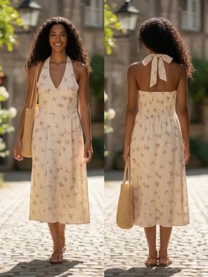 wedding bridesmaid dresses in sri lanka Thirty Thirty Floral Halter Midi Dress S NWT Smocked Back Cottagecore Boho color:juniper green Lay the garment flat GARDEN PARTY NEW EXPRESS $108 Black