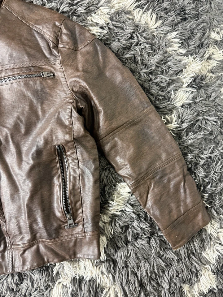 Calvin Klein Leather Jacket Brown Men’s Small Fleece Lined Double Zipper - Image 2 of 4