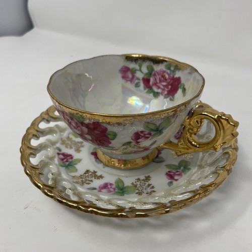 Vintage ROYAL SEALY Porzellan Netz Glanz Rosen Teetasse und Untertasse Set - Bild 2 von 11