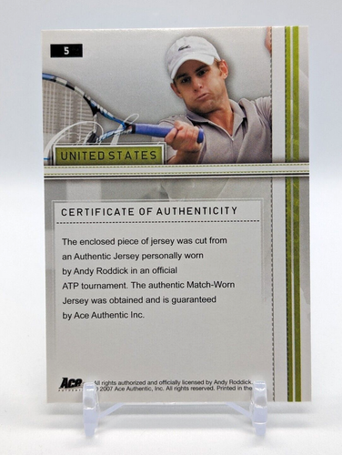 Andy Roddick 2007 Ace authentisch ATP STREICHHOLZ GETRAGENES TRIKOT AUFNÄHER RELIKT - Bild 6 von 6