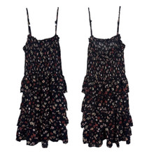 Storia Women's Size M Black Floral Shirred Tiered Midi Dress Adjustable Straps