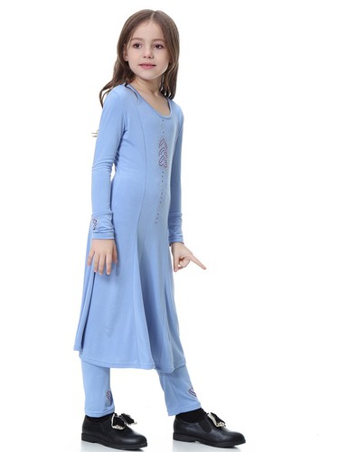 Kids Abaya Muslim Prayer Maxi Dress Girls Pants Robe 2-Piece Set Islamic Kaftan - Picture 20 of 60