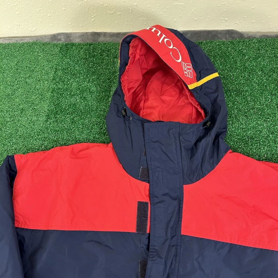 Jaqueta corta-vento masculina vintage Columbia grande vermelha azul com capuz bolso canguru - Imagem 3 de 4