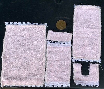 Dolls House 5 Piece Pink Cloth Towelling Bath Room Toilet Set 1:12 Scale tumdee