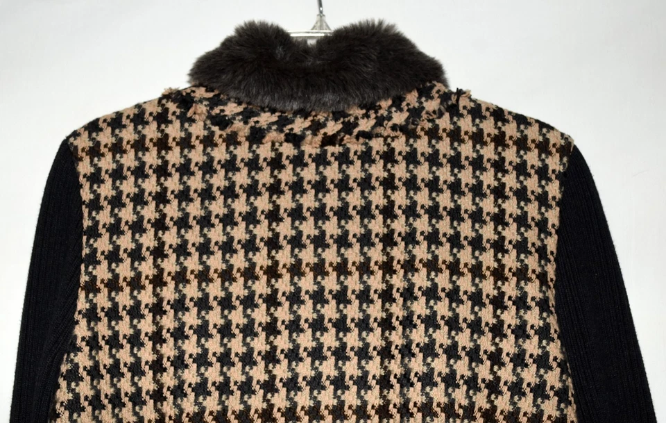 CAbi Tan Black Check Removable Faux Fur Collar Fringe Trim Womens Jacket Size 12 - Image 4 of 4