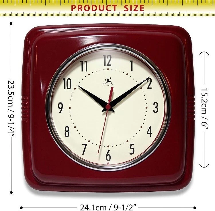 Retro Kitchen Wall Clock Silent Vintage Style Red 9" Square Lightweight Plastic - Image 3 of 4