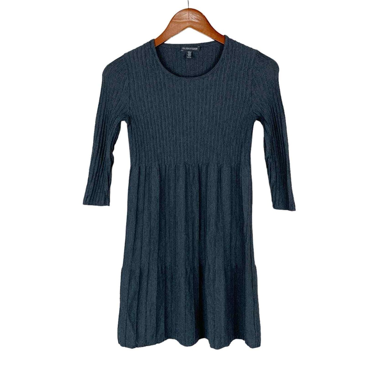 Eileen Fisher Dress Grey Wool Ribbed Pleated 3/4 Sleeves Women's XXS - Flaws