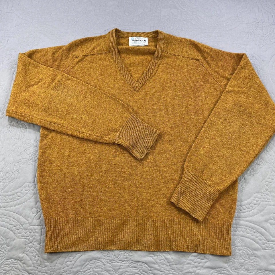 Suéter Puritano Vintage Masculino Médio Laranja Queimado Lã de Cordeiro Decote V AquaKnit EUA - Imagem 2 de 4