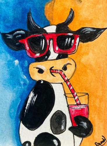 Cow ACEO Watercolor Art Red Sunglasses Drinking Juice Funny Animal Original New