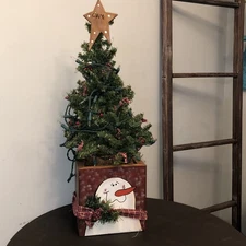 Hand Painted Cottage Primitive Christmas Tree snowman Cottagecore Plaid Lighted