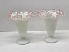 Set Of 2 Fenton Milk Glass Ruffled Rose Crest Vase 6 1/2" Pink Vintage