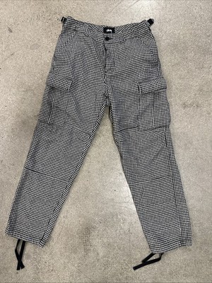 Stussy Cargo Trousers Size 29x28 Mens Adjustable Side Checkered Black/White Y2K