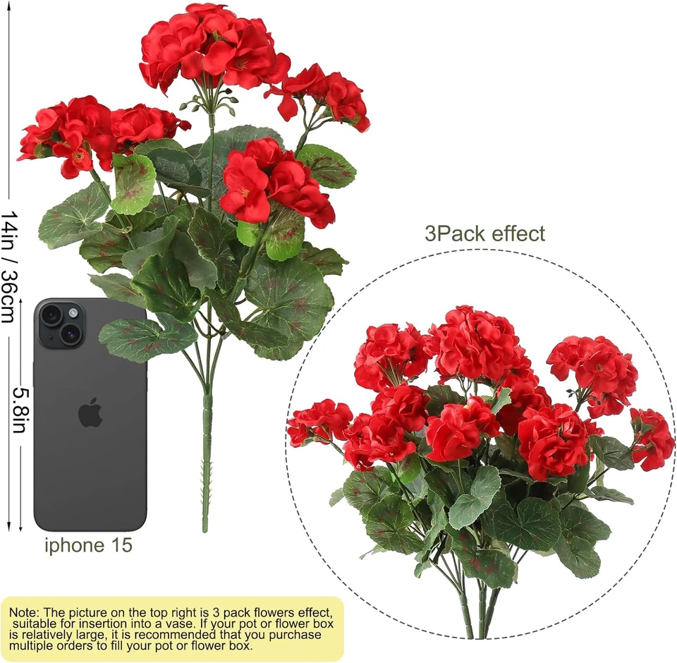 3 Pack UV Resistant Red Geranium Silk Flowers for Outdoor Decor - Image 3 of 4