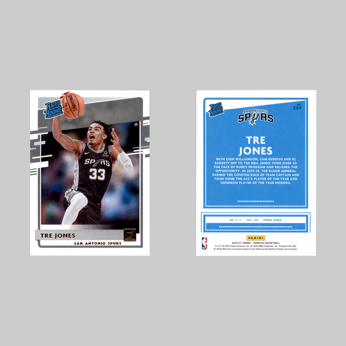 Tre Jones Rookie #244 2020 Donruss Rated Rookie San Antonio Tre Jones Rookie #244 2020 Donruss Rated Rookie San Antonio