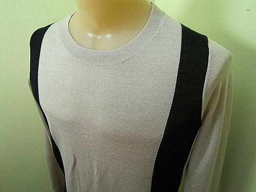 LOFT Suéter Grande Crew Lana Beige Negro Ligero con Hombre Mangas Largas Tejido - Imagen 2 de 4