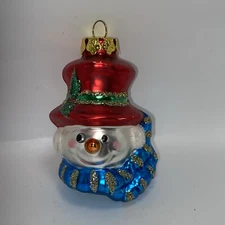 Blown Glass Snowman Bust Head Christmas Tree Ornament 3.5" Glitter Accents Read