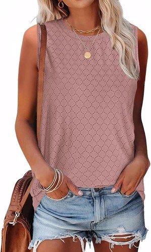 Womens Tank Tops Eyelet Loose Casual Summer Tops Crew Neck Basic Sleeveless Shir - Picture 2 of 11
