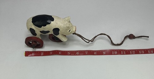 Cerdo de madera artesanal vintage con estampado de vaca juguete, decoración/juguete de granja rural - Imagen 11 de 12